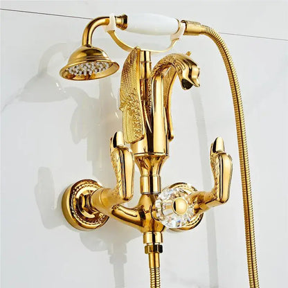 Gold swan bathtub faucet set bathroom shower with crystal knob