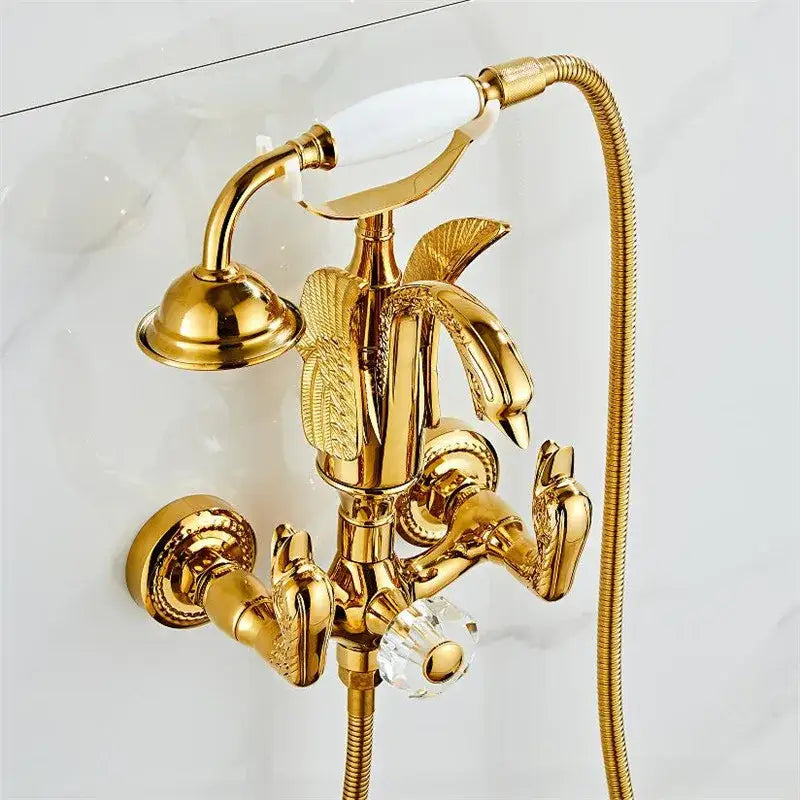 Gold swan bathtub faucet set bathroom shower with crystal knob
