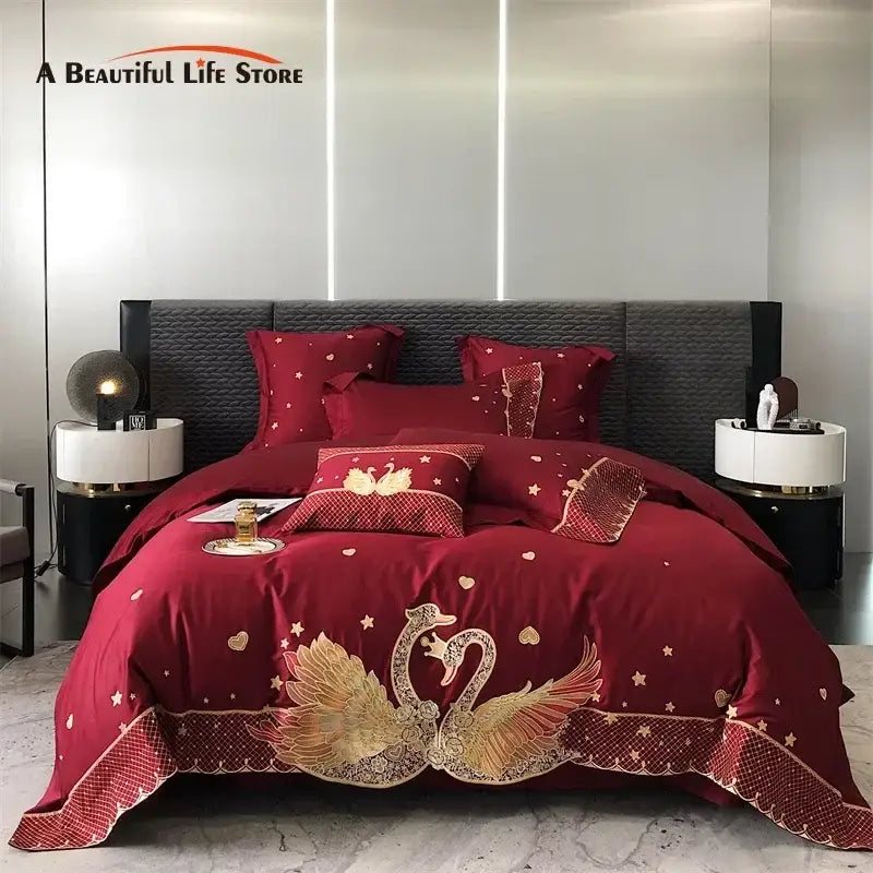 Gold swan love red satin bedding set bedroom gold embroidery