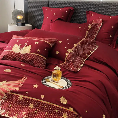 Gold swan love red satin bedding set bedroom gold embroidery