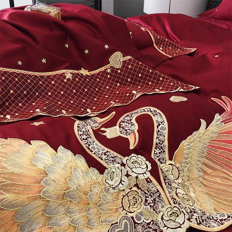 Gold swan love red satin bedding set bedroom gold embroidery
