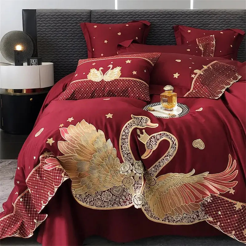 Gold swan love red satin bedding set bedroom gold embroidery