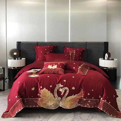 Gold swan love red satin bedding set bedroom gold embroidery