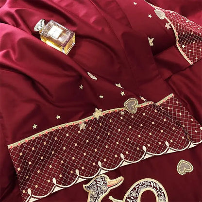 Gold swan love red satin bedding set bedroom gold embroidery