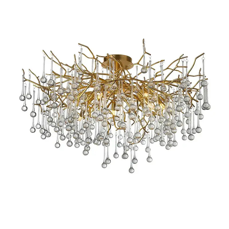 Gold tree branch chandelier with crystal droplets for dining room