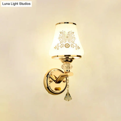 DecorBites™ Gold Wall Light with Crystal Accent and White Tapered Glass Shade