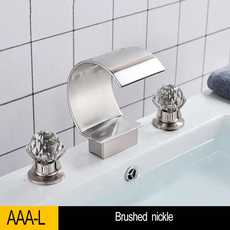 Gold waterfall double handle basin faucet bathroom crystal knob