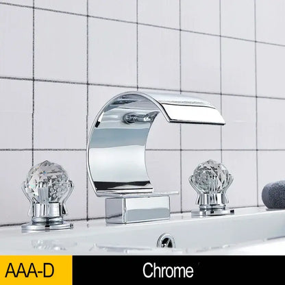 Gold waterfall double handle basin faucet bathroom crystal knob