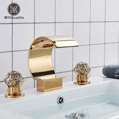 Gold waterfall double handle basin faucet bathroom crystal knob