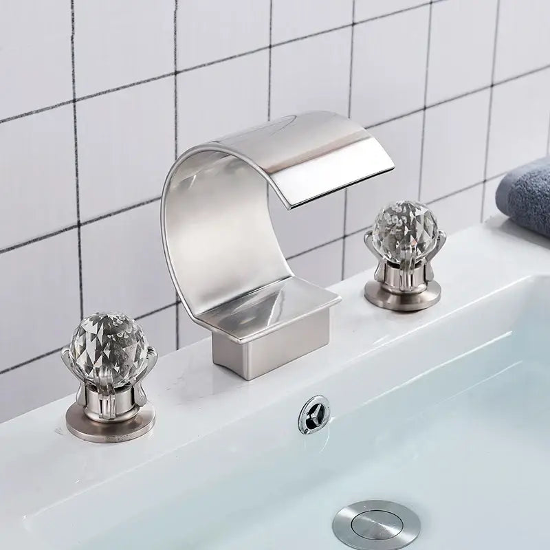 Gold waterfall double handle basin faucet bathroom crystal knob