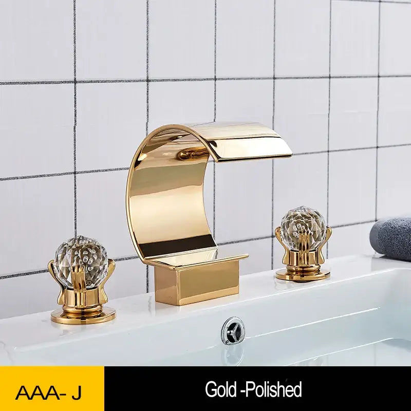 Gold waterfall double handle basin faucet bathroom crystal knob