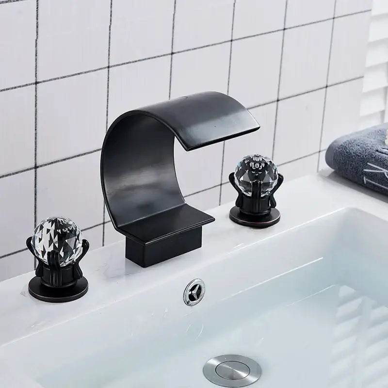 Gold waterfall double handle basin faucet bathroom crystal knob