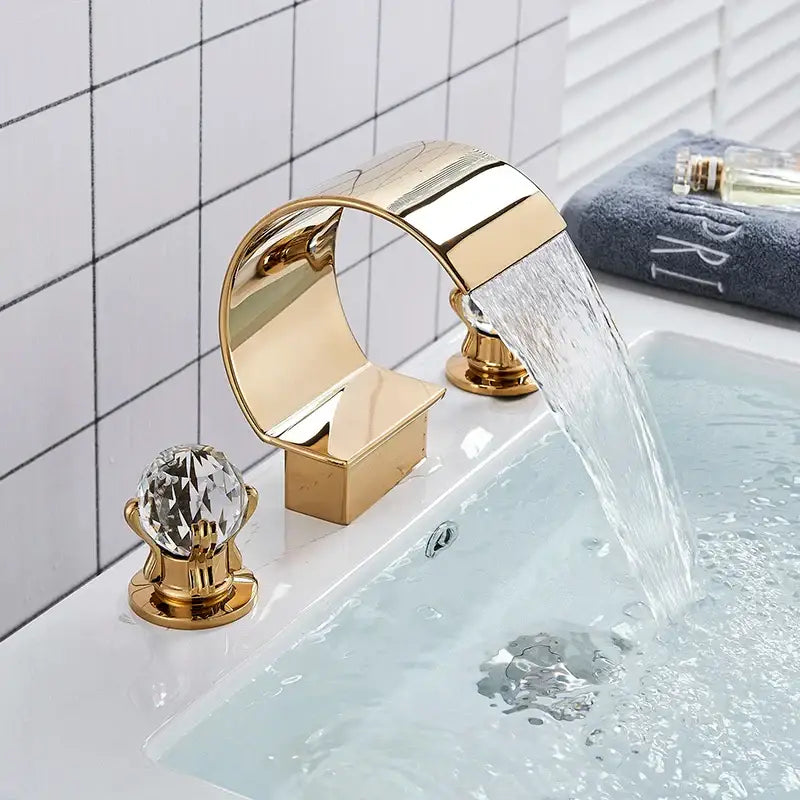 Gold waterfall double handle basin faucet bathroom crystal knob