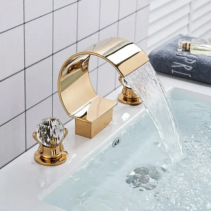Gold waterfall double handle basin faucet bathroom crystal knob