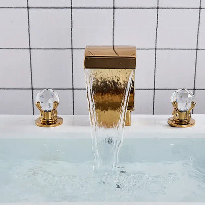 Gold waterfall double handle basin faucet bathroom crystal knob