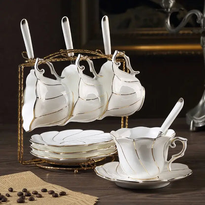 Gold wave white bone china cup set dining room porcelain tea set