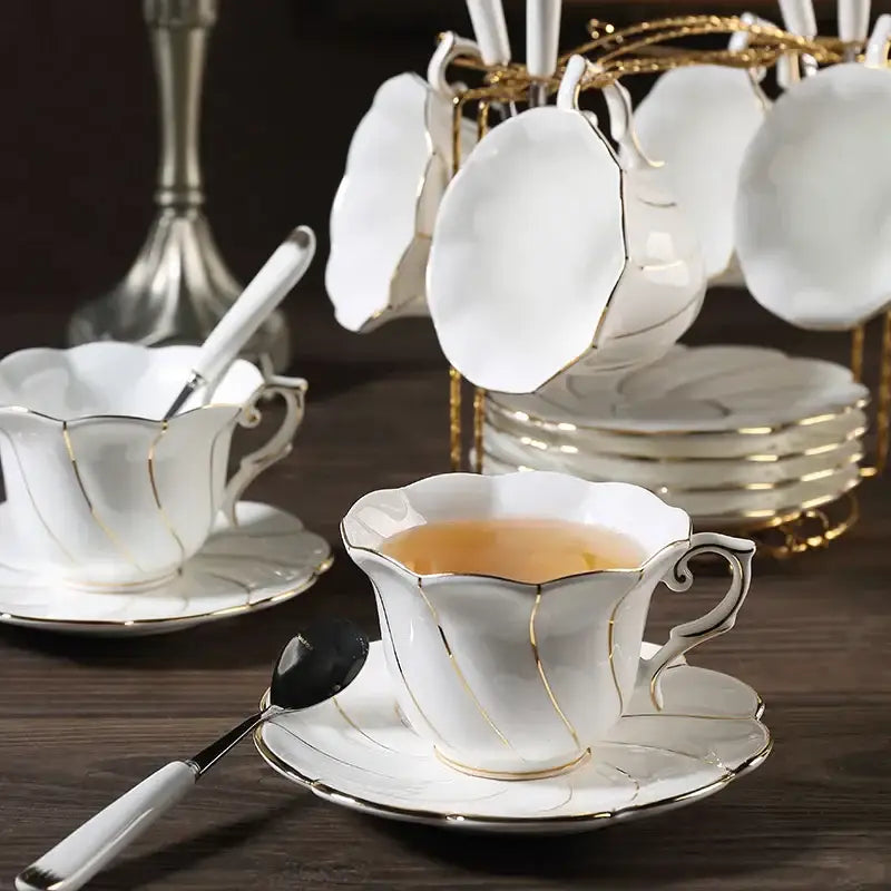 Gold wave white bone china cup set dining room porcelain tea set