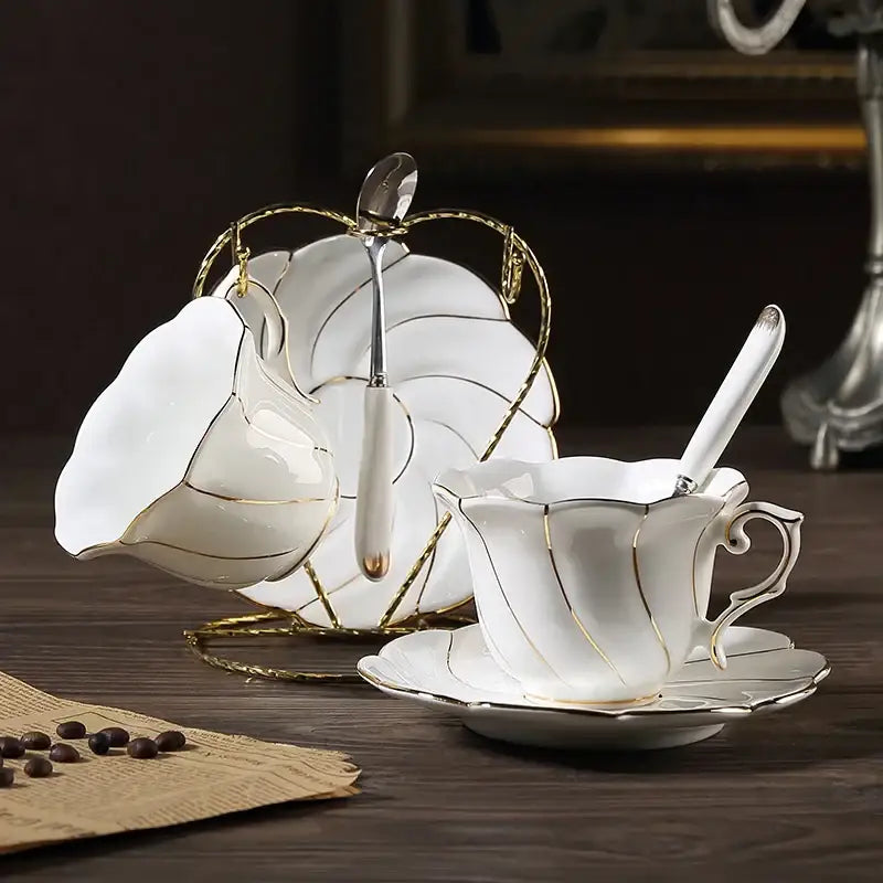 Gold wave white bone china cup set dining room porcelain tea set