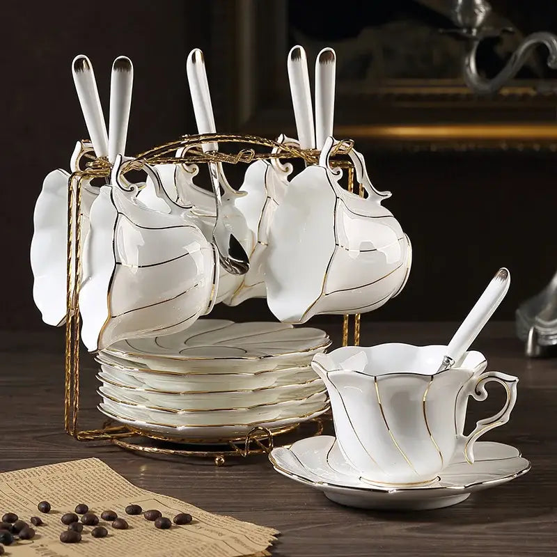 Gold wave white bone china cup set dining room porcelain tea set