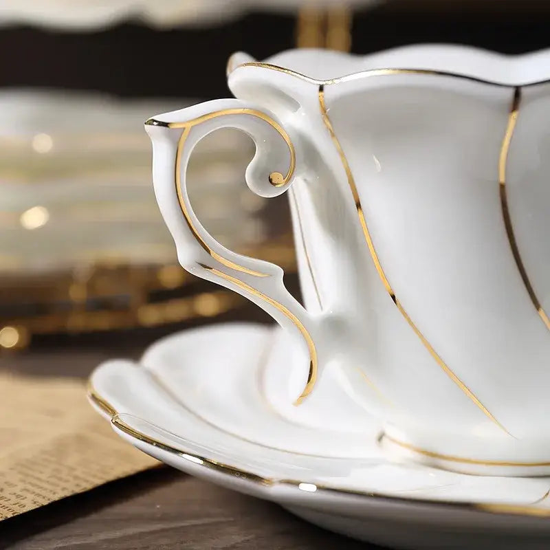 Gold wave white bone china cup set dining room porcelain tea set