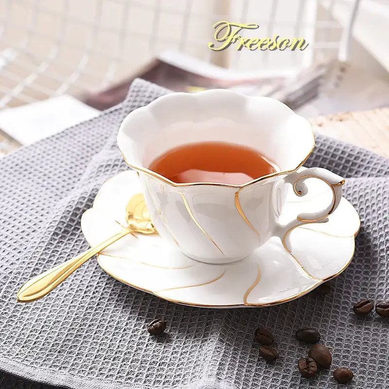 Gold wave white bone china cup set dining room porcelain tea set