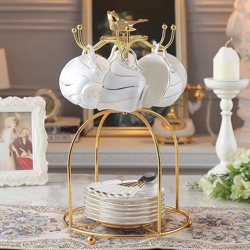 Gold wave white bone china cup set dining room porcelain tea set