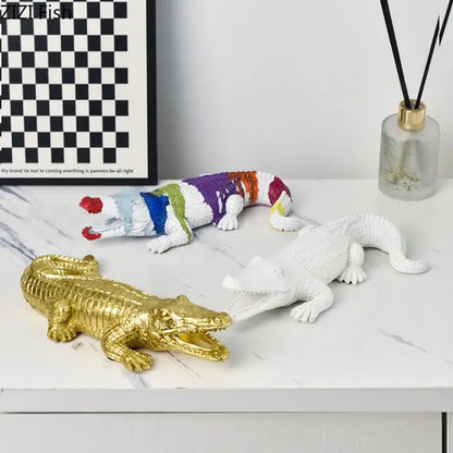 Gold white & rainbow crocodile resin sculpture desk living room decor