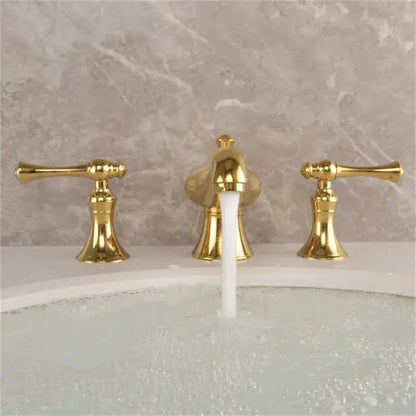 Gold widespread bathroom faucet waterfall design with lever handles