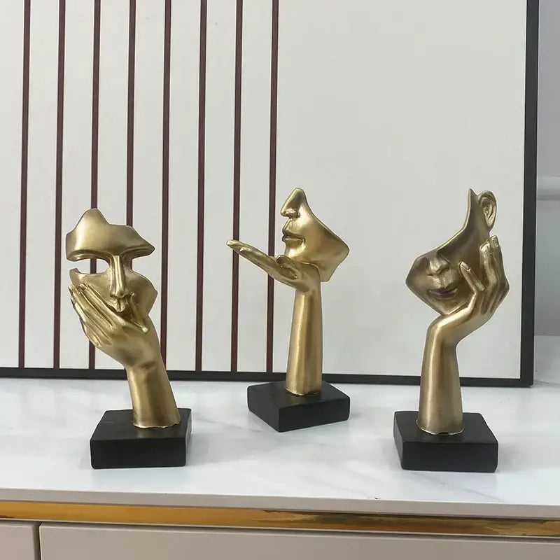 Golden abstract mask statue for home office decor