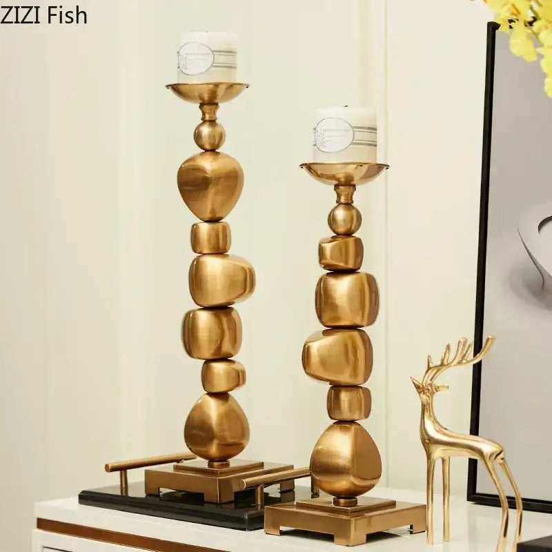 Golden alloy stone pile candle holder living room ornament