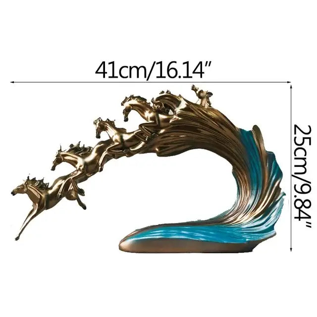 Golden and blue galloping horse luxury sculpture living room decor