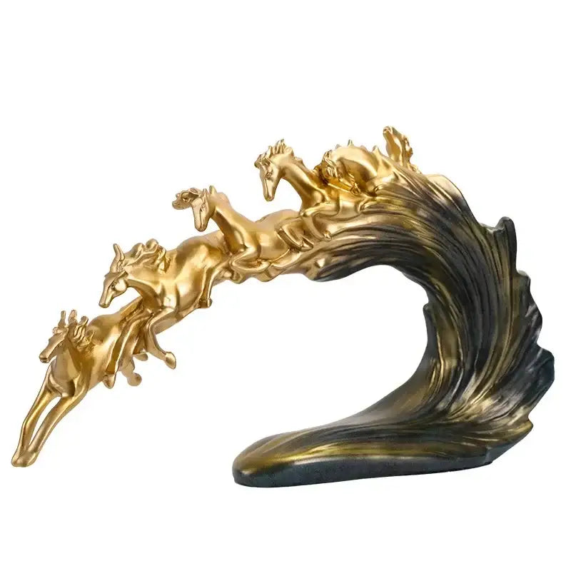 Golden and blue galloping horse luxury sculpture living room decor