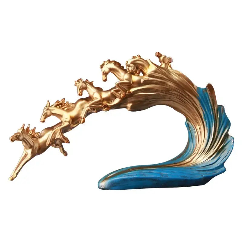 Golden and blue galloping horse luxury sculpture living room decor