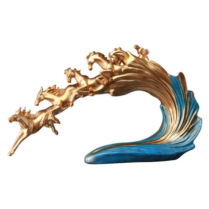Golden and blue galloping horse luxury sculpture living room decor