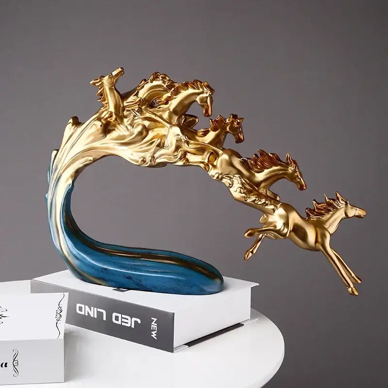 Golden and blue galloping horse luxury sculpture living room decor