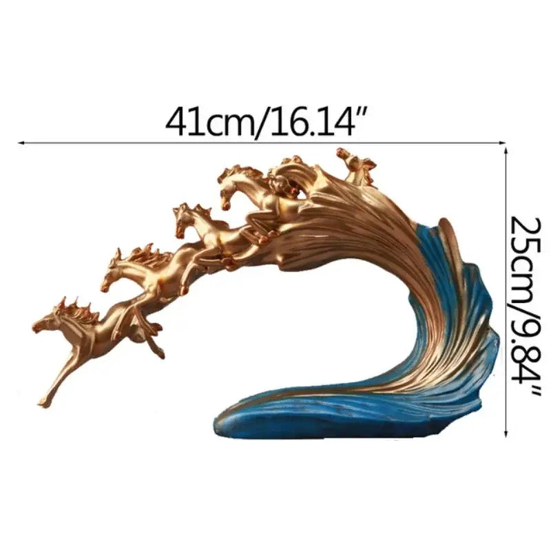 Golden and blue galloping horse luxury sculpture living room decor