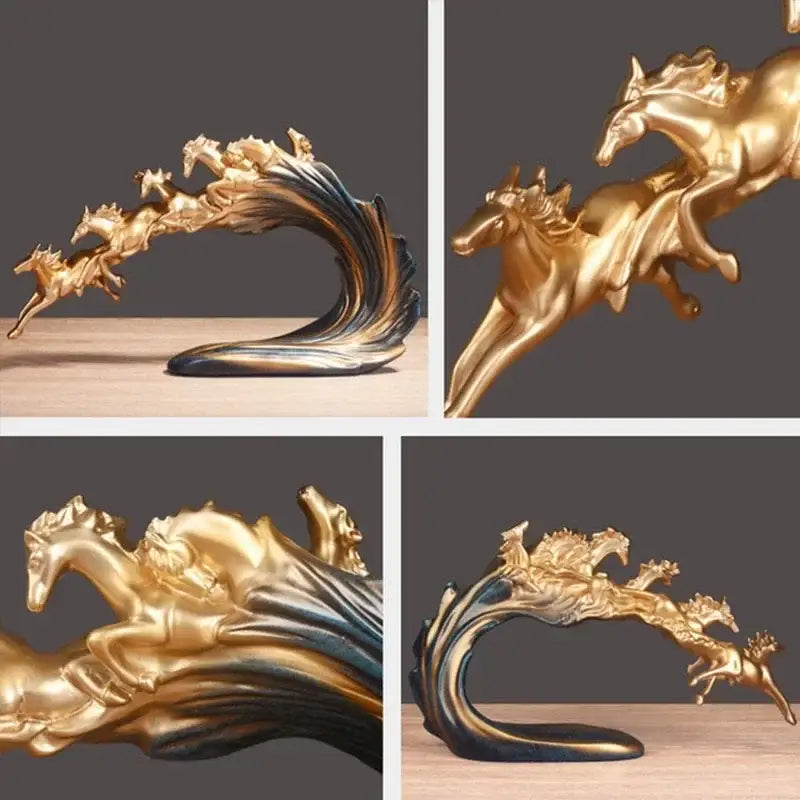 Golden and blue galloping horse luxury sculpture living room decor