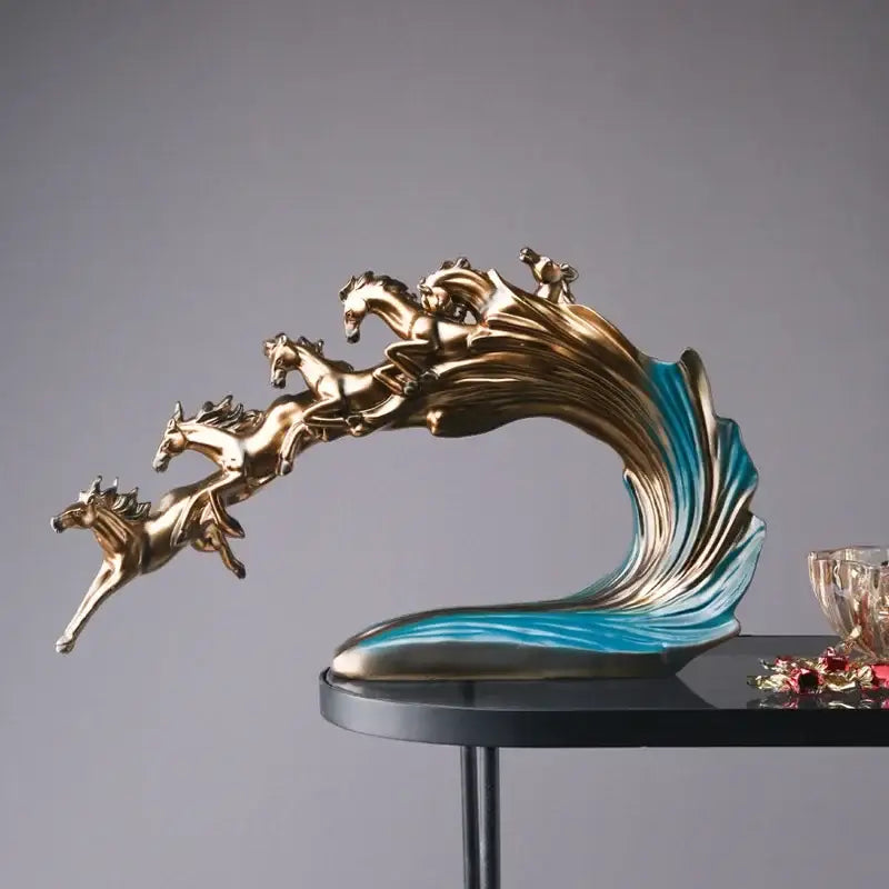 Golden and blue galloping horse luxury sculpture living room decor