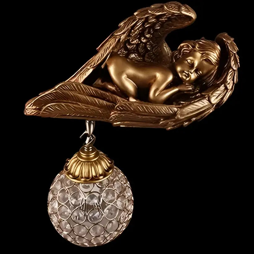 Golden angel wall lamp with crystal globe for living room