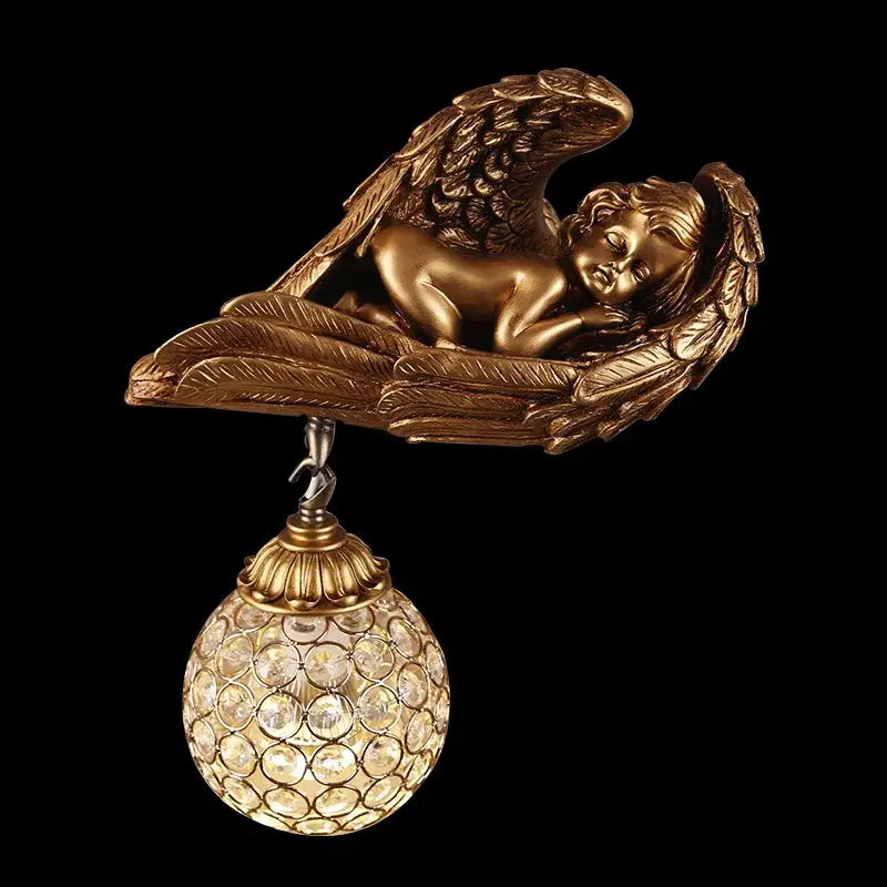 Golden angel wall lamp with crystal globe for living room