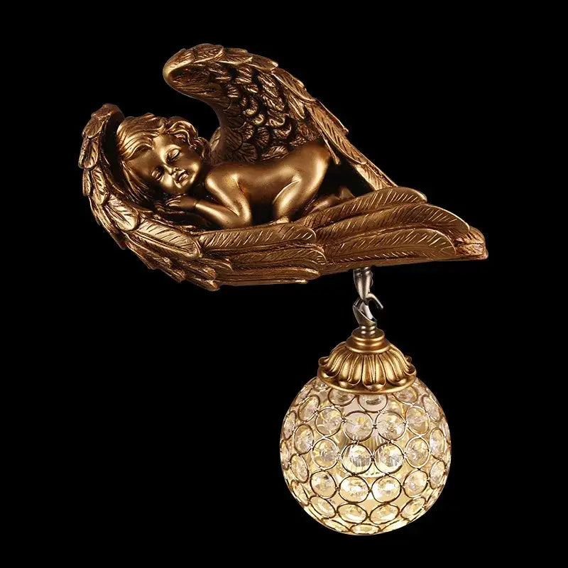 Golden angel wall lamp with crystal globe for living room