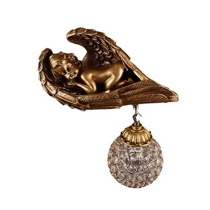 Golden angel wall lamp with crystal globe for living room