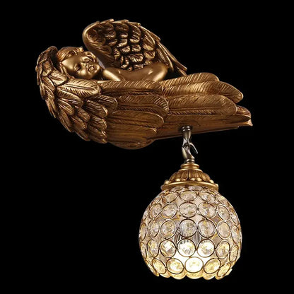 Golden angel wall lamp with crystal globe for living room