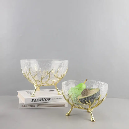 Golden antler glass fruit plate dining room centerpiece bowl