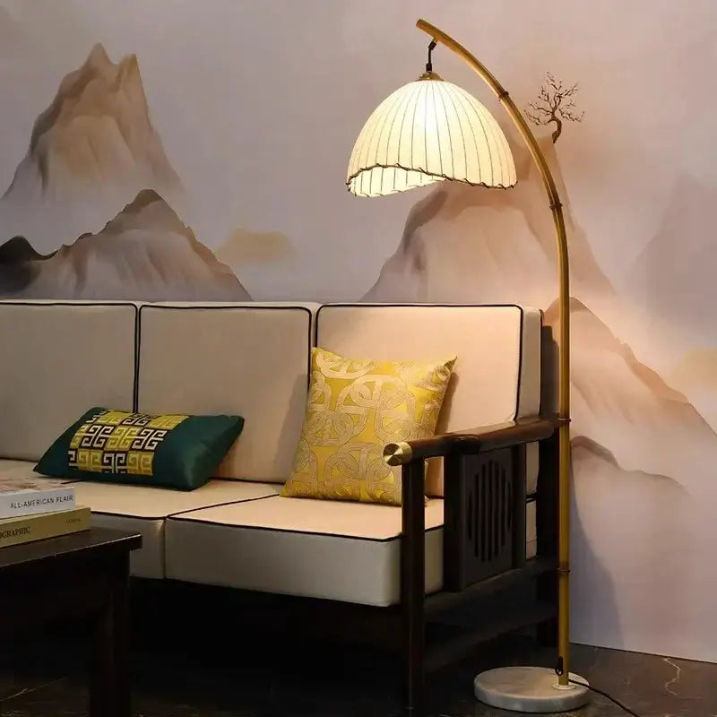 Golden bamboo shaped led floor lamp with marble base for living room