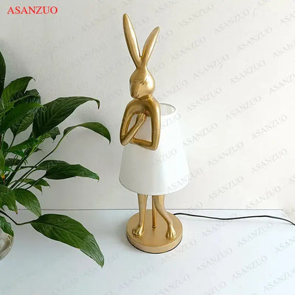 Golden bathing rabbit resin table lamp bedroom decor