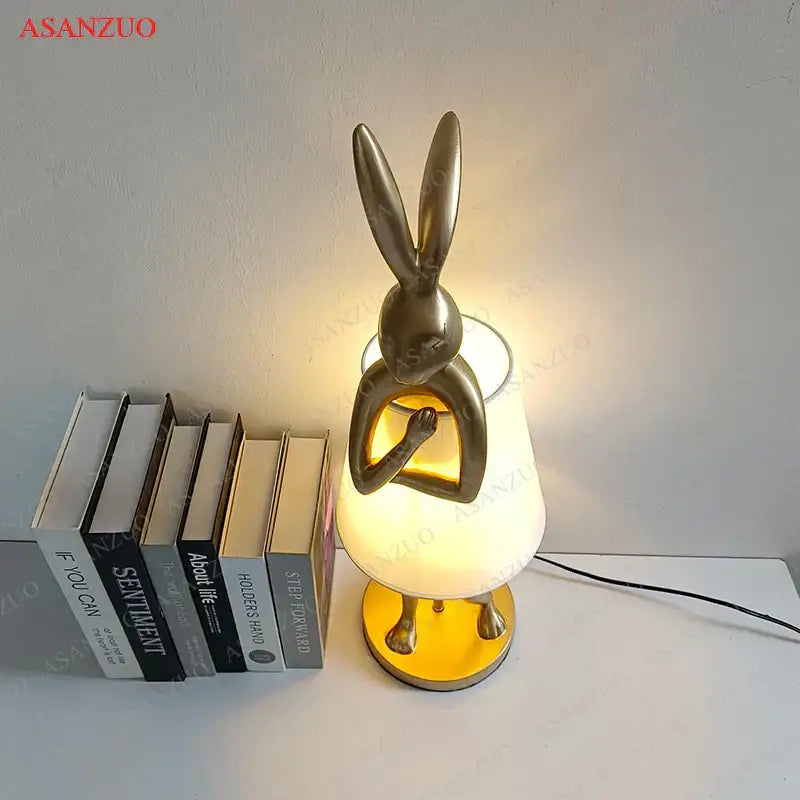 Golden bathing rabbit resin table lamp bedroom decor