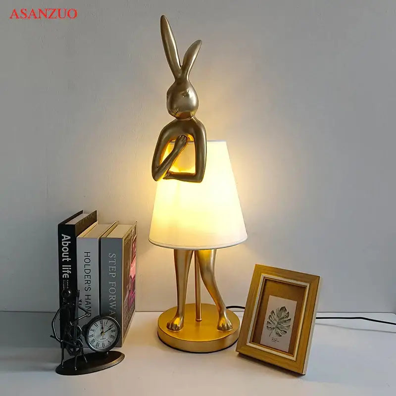 Golden bathing rabbit resin table lamp bedroom decor