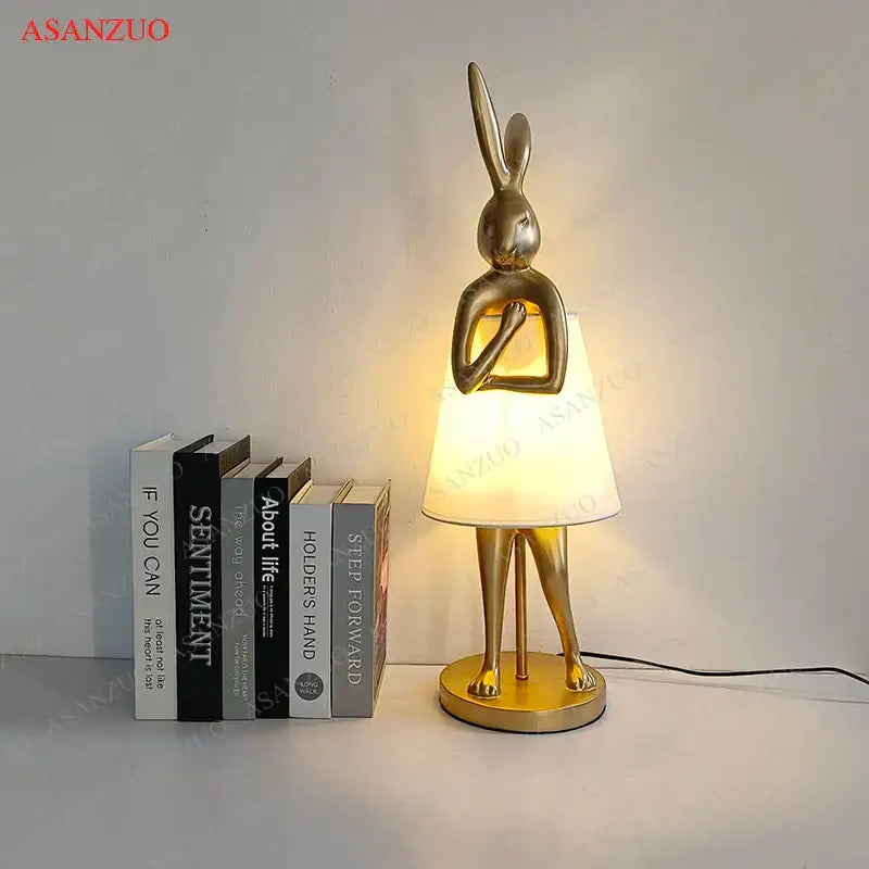 Golden bathing rabbit resin table lamp bedroom decor