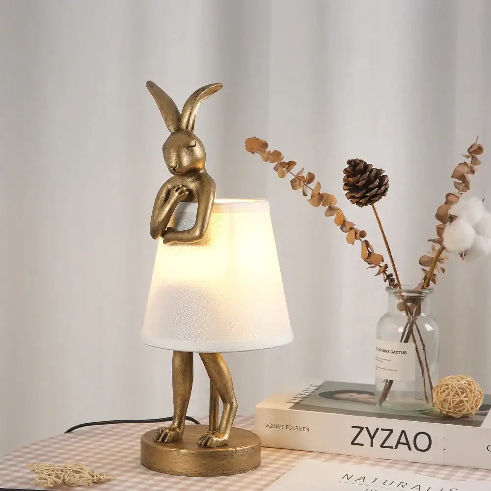 Golden bathing rabbit resin table lamp bedroom decor